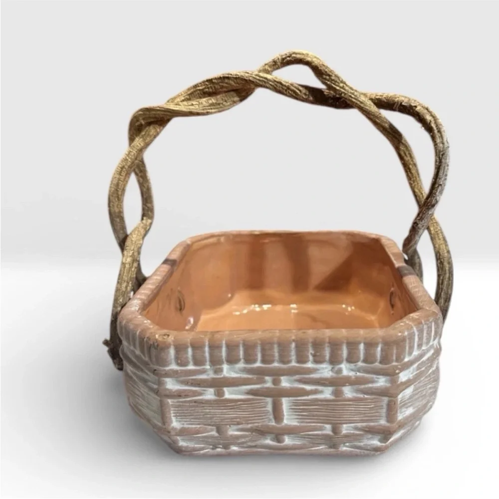 White Wash Basket Ceramic Rustic Terracotta With Real Vine Handles. 8x7x6